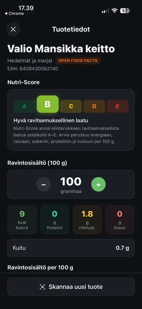 Ruoka-aineiden tuotetiedot ja makrot
